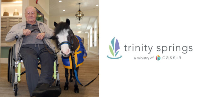 Trinity Springs’ resident Don Huling poses with Magic, a therapy horse.