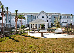Fenced dog park with walking area, covered pavilion, palm trees, and surrounding residential building at Trinity Springs